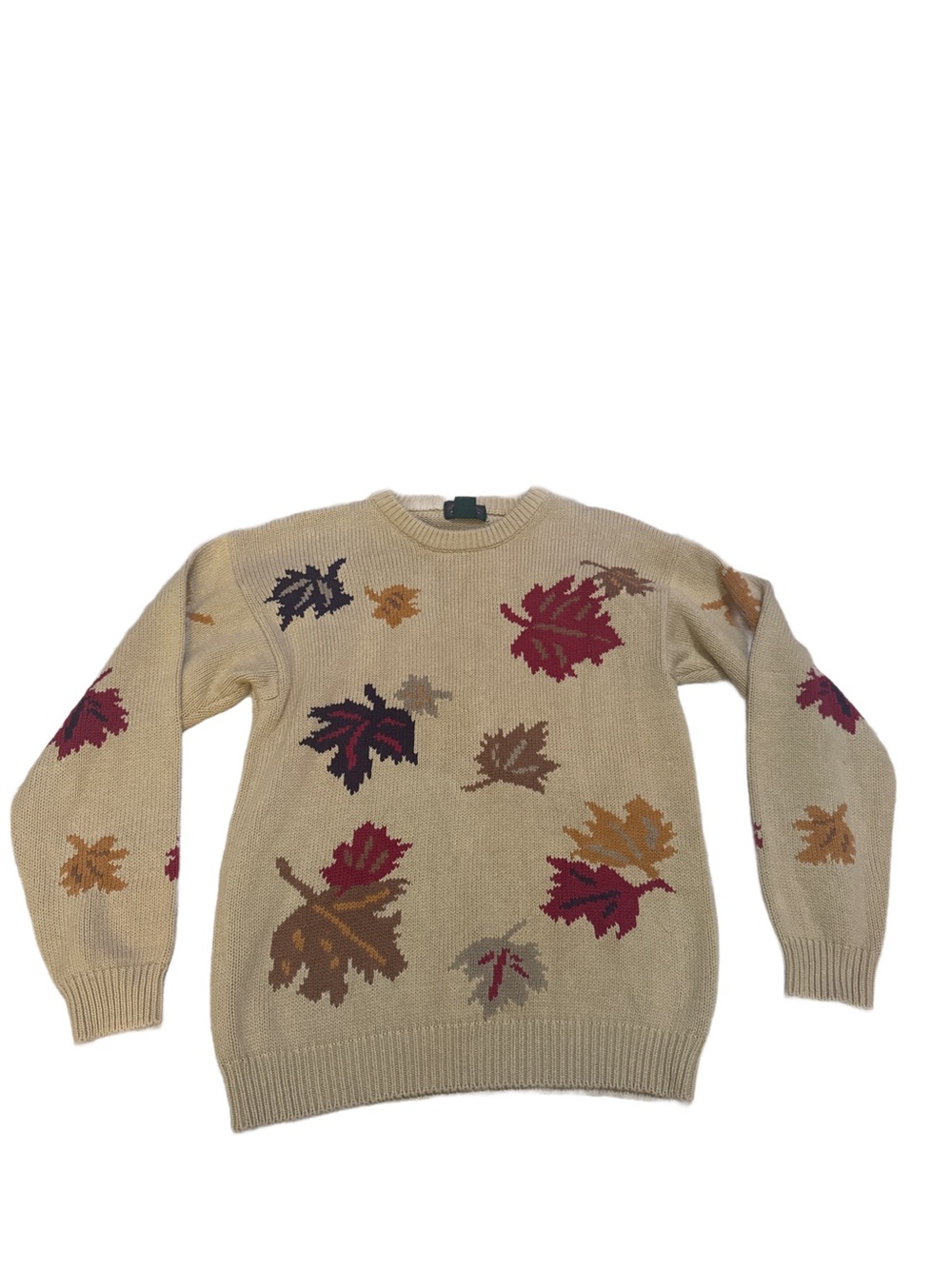 Charter Club Beige Crewneck Sweater Autumn Leaf Squirrel Medium Knit